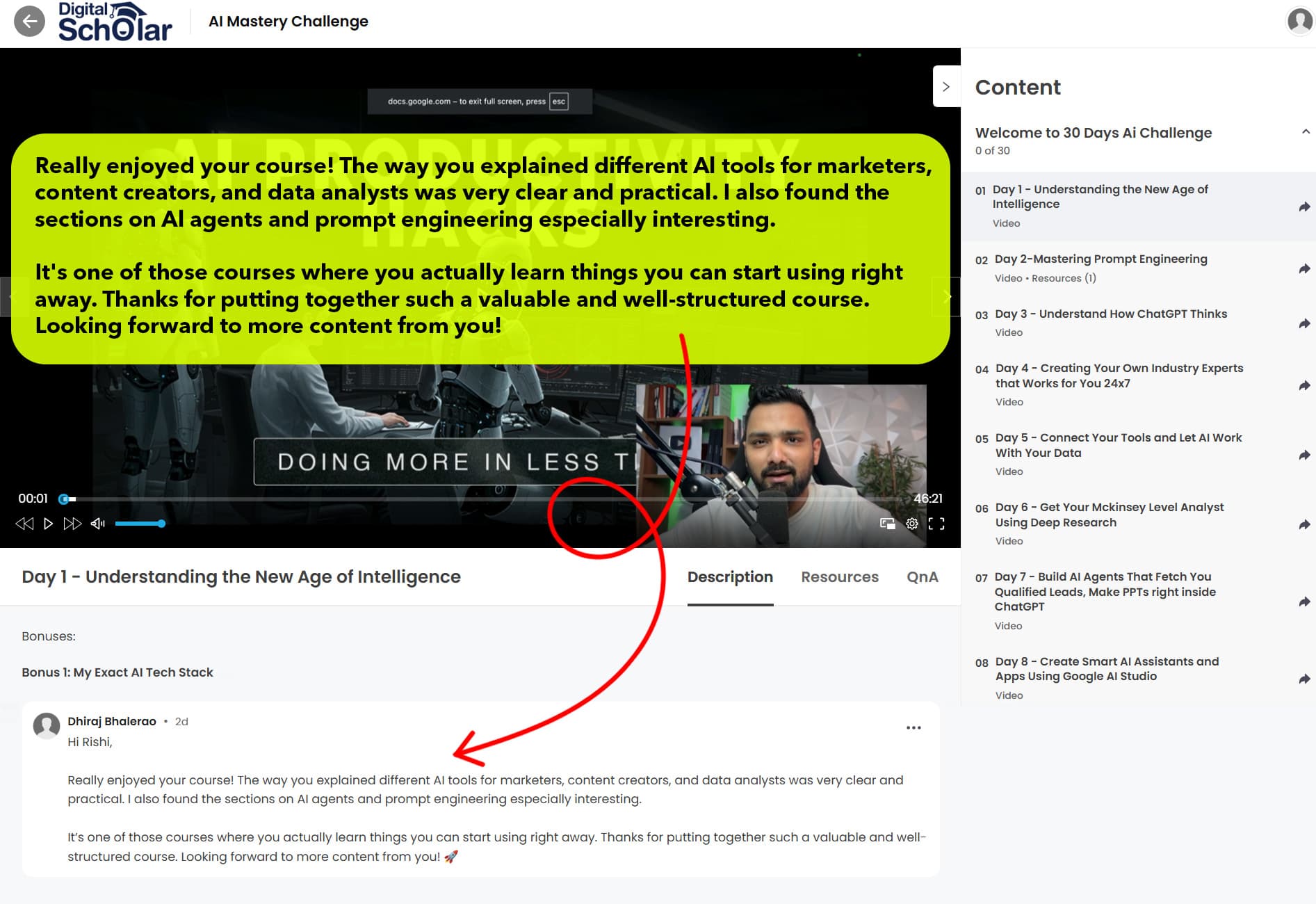 Screenshot of student feedback comments from 30 Days AI Mastery learners.